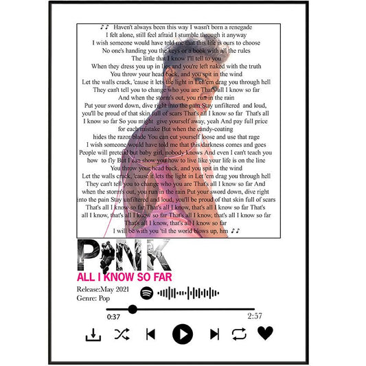 P!NK - All I Know So Far Prints - 98typessong lyric prints