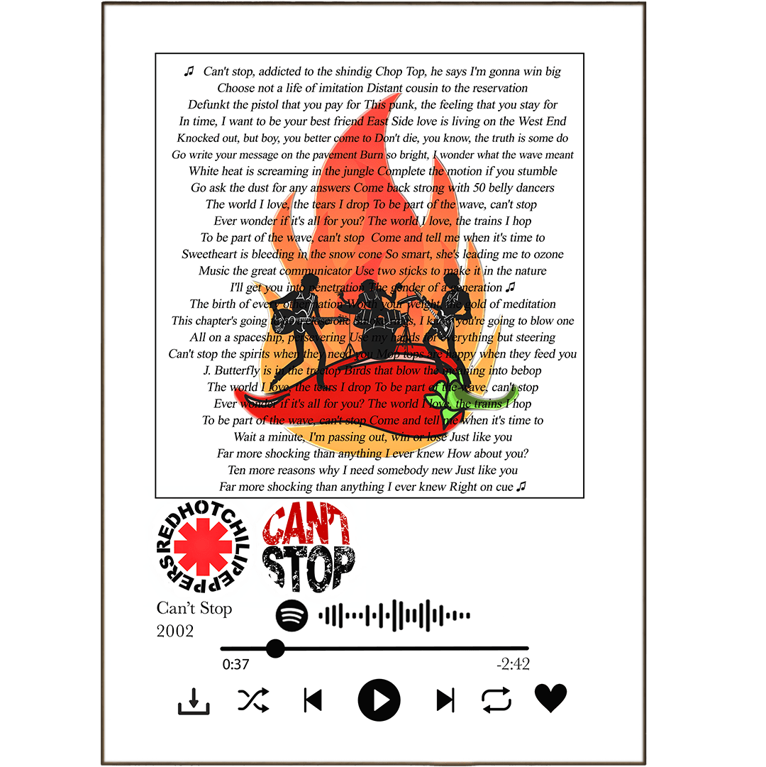 Red Hot Chili Peppers - Can't Stop Prints - 98typessong lyric prints