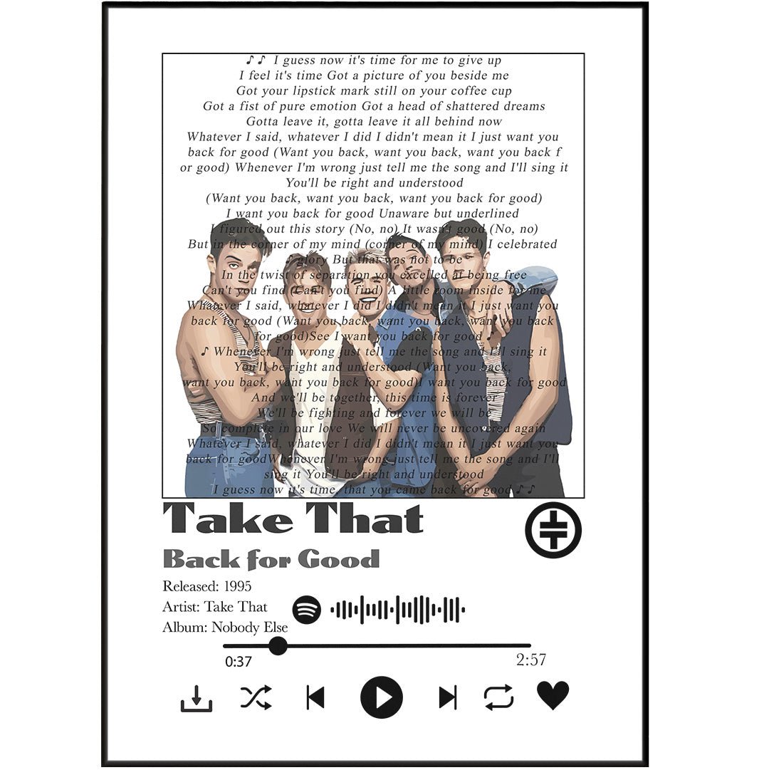 Take That - Back for good Prints - 98typessong lyric prints