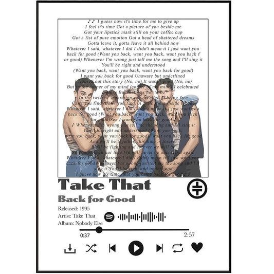 Take That - Back for good Prints - 98typessong lyric prints