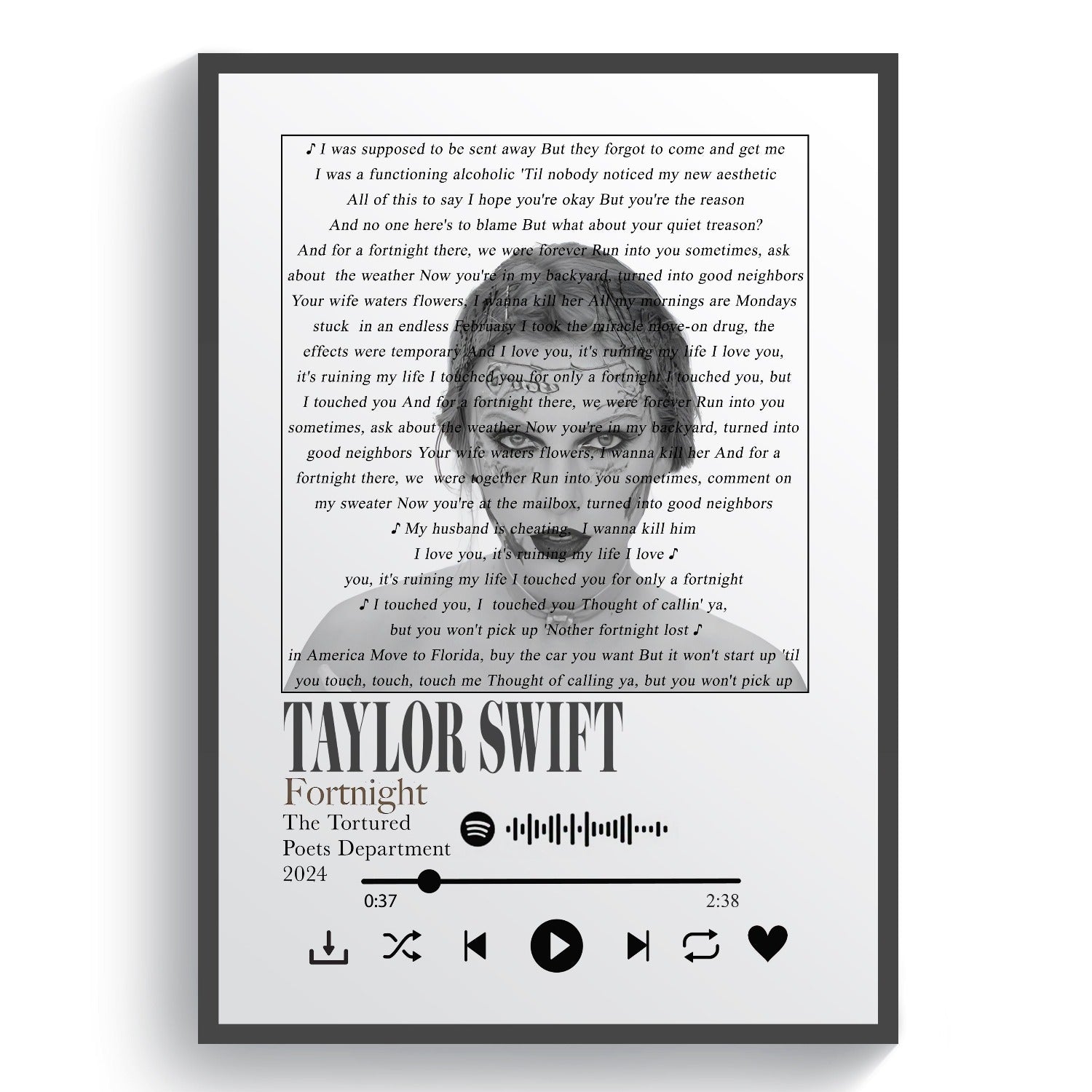 Taylor Swift - Fortnight Lyric Poster - 98typessong lyric prints