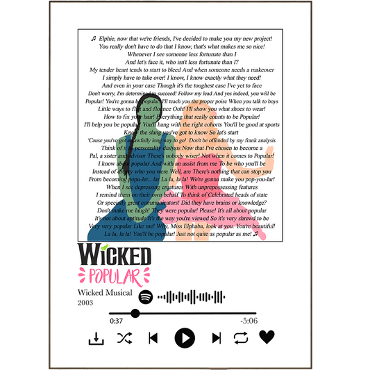 Wicked The Musical - Popular Prints - 98typessong lyric prints