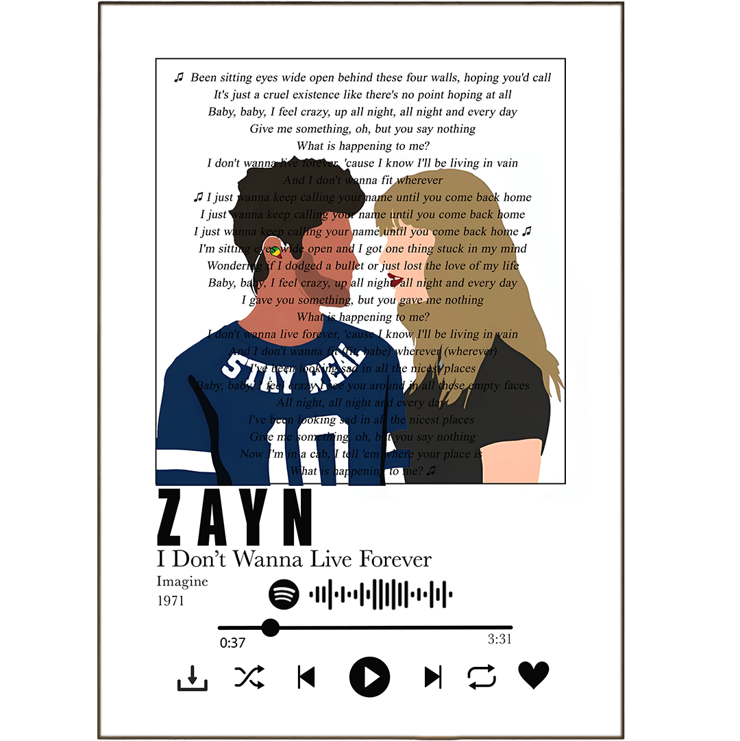 Zayn - I Don’t Wanna Live Forever Prints - 98typessong lyric prints
