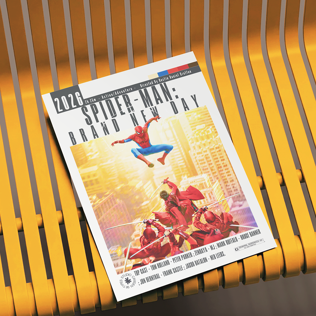 A copy of the 2016 Spider-Man: Brand New Day comic book is displayed diagonally on a modern yellow slatted bench.