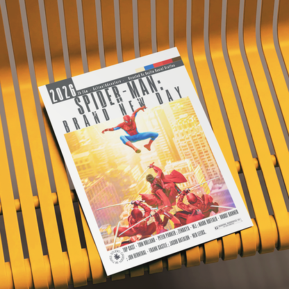 A copy of the 2016 Spider-Man: Brand New Day comic book is displayed diagonally on a modern yellow slatted bench.