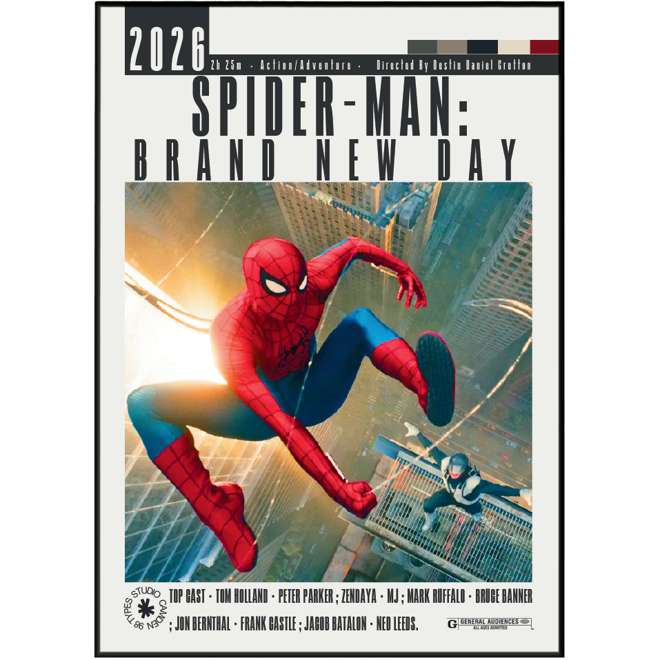A movie poster for Spider-Man: Brand New Day, featuring Spider-Man swinging over a city skyline. The poster has a black border and text at the top and bottom with cast and production credits.