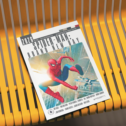 A 2016 edition of Spider-Man: Brand New Day comic book magazine cover displayed on a yellow slatted bench.