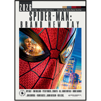 Movie poster for Spider-Man: Brand New Day, featuring a close-up of Spider-Man's mask with reflections of characters in the lenses and a blurred city skyline in the background. Text at the top reads '2026' and 'Spider-Man: Brand New Day,' with cast and production credits along the bottom.