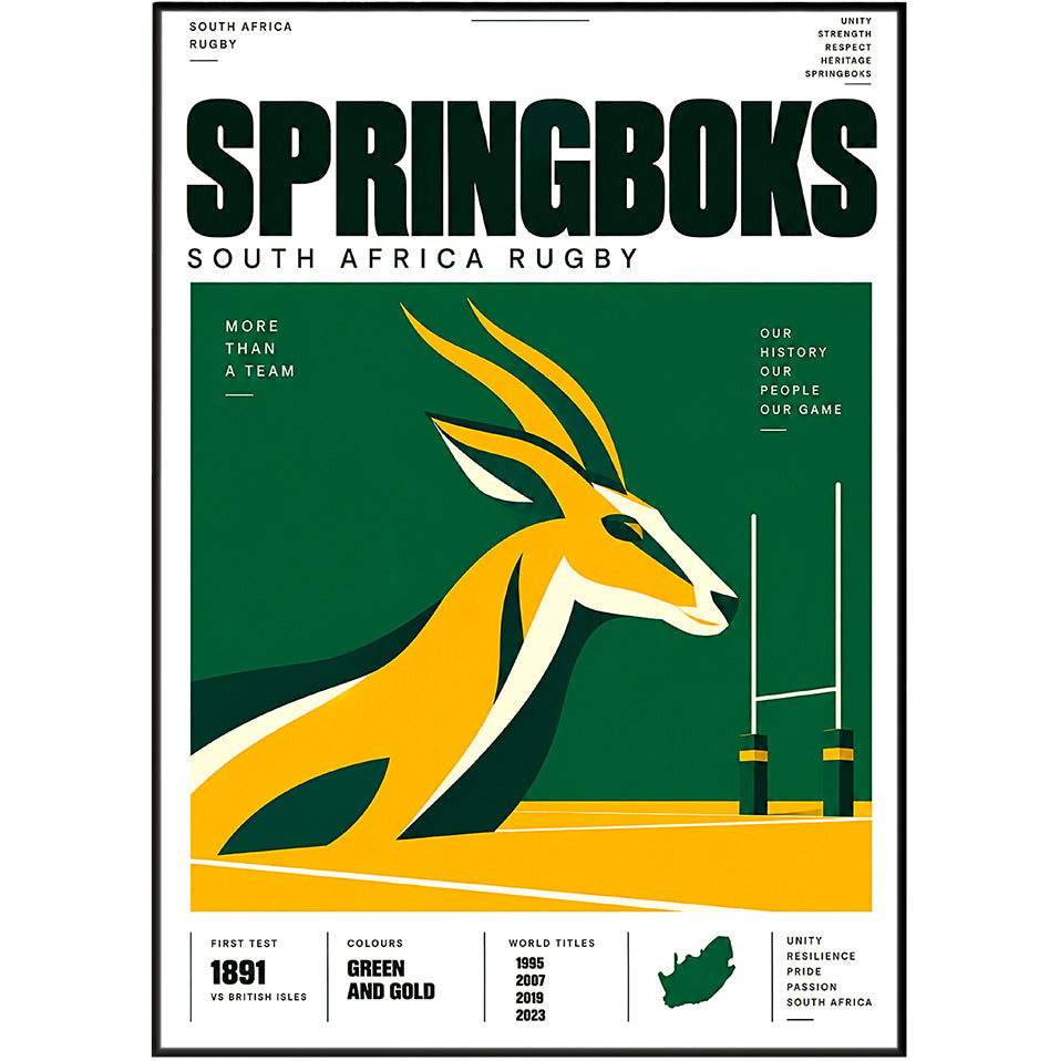 Springboks South Africa rugby poster in green and gold – wall art print by 98types