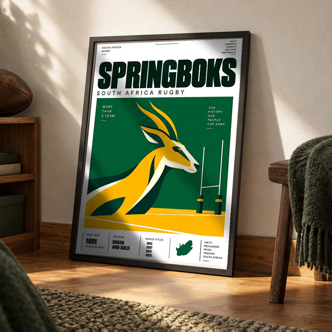 Springboks South Africa rugby poster in green and gold – wall art print by 98types