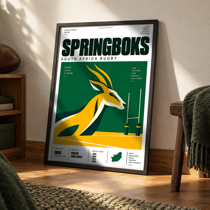 Springboks South Africa rugby poster in green and gold – wall art print by 98types