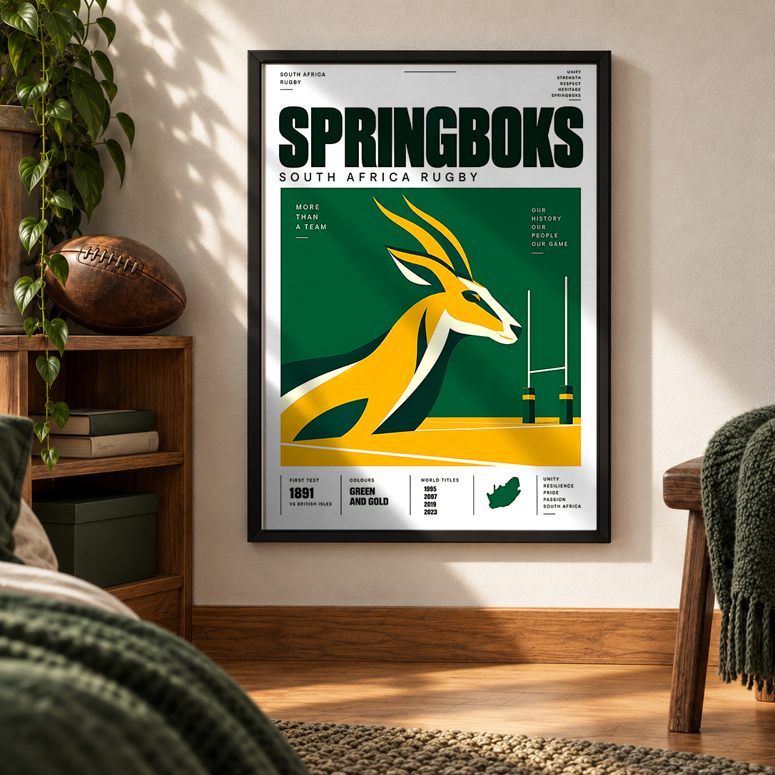 Springboks South Africa rugby poster in green and gold – wall art print by 98types