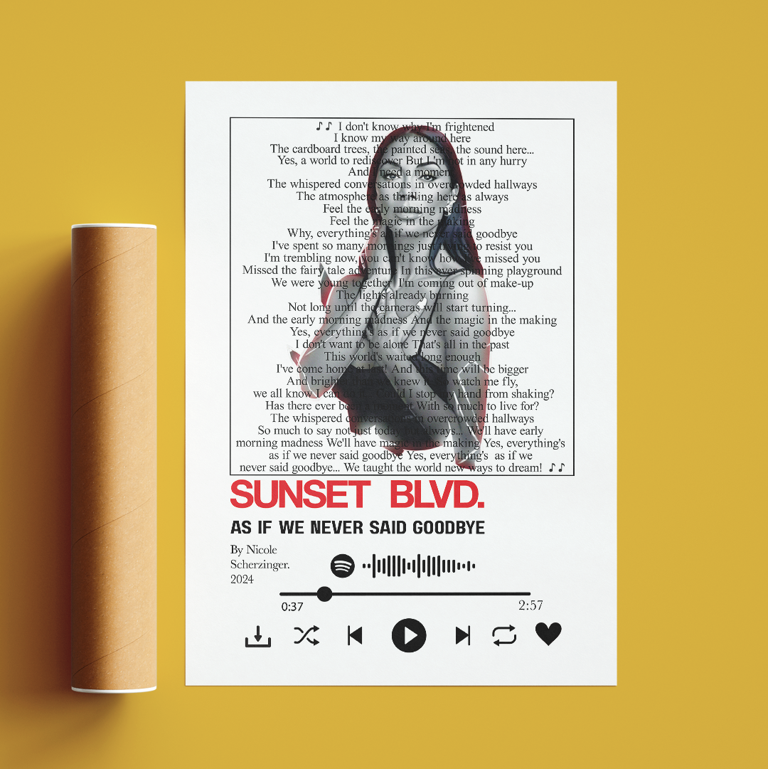 A pair of black sunglasses with a gold frame is shown in front of a white music-player style poster featuring song lyrics and the title 'SUNSET BLVD.' by Nicole Scherzinger.