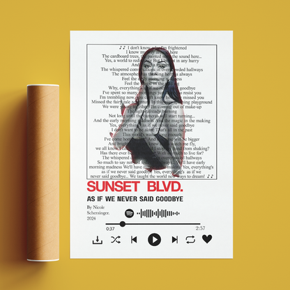 A pair of black sunglasses with a gold frame is shown in front of a white music-player style poster featuring song lyrics and the title 'SUNSET BLVD.' by Nicole Scherzinger.