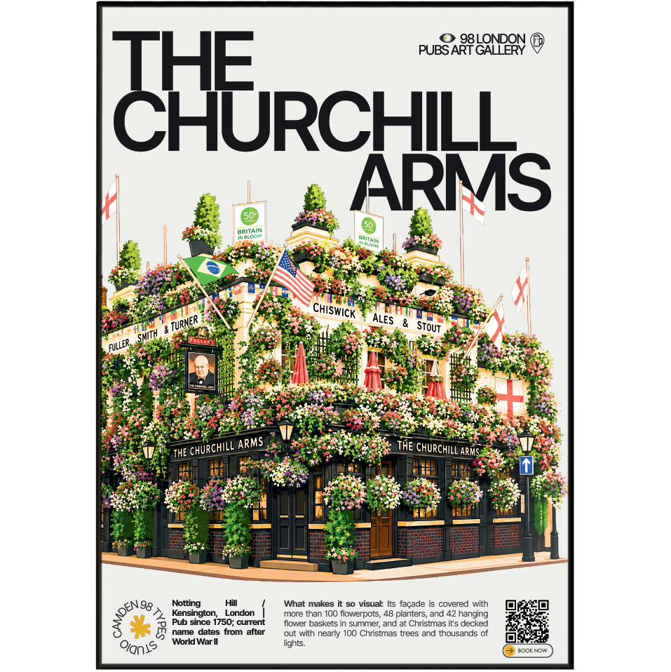 The Churchill Arms poster, Notting Hill, London: facade covered in hundreds of flowers and hanging baskets - 98 London Pubs Art Gallery by 98 Types