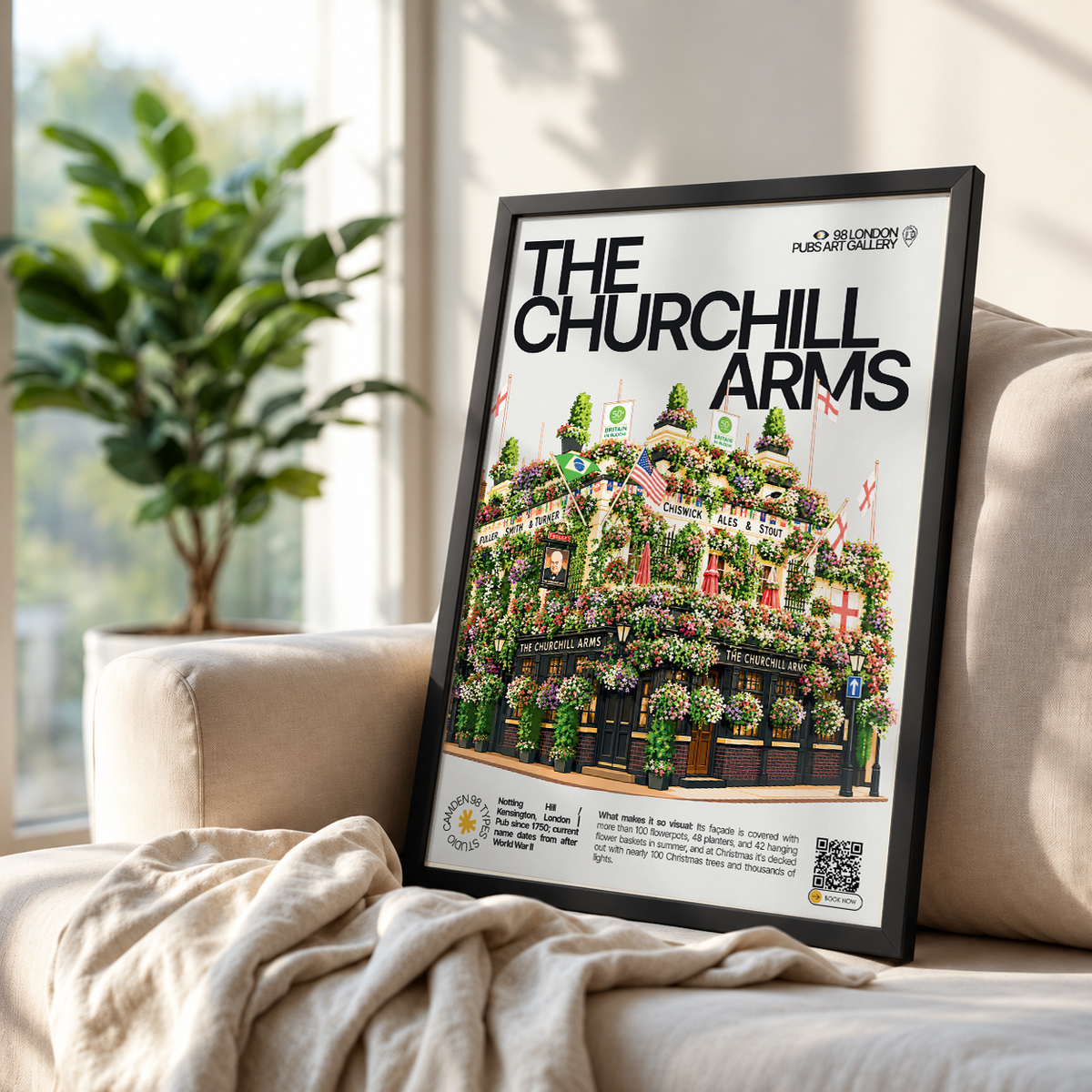 The Churchill Arms poster, Notting Hill, London: facade covered in hundreds of flowers and hanging baskets - 98 London Pubs Art Gallery by 98 Types