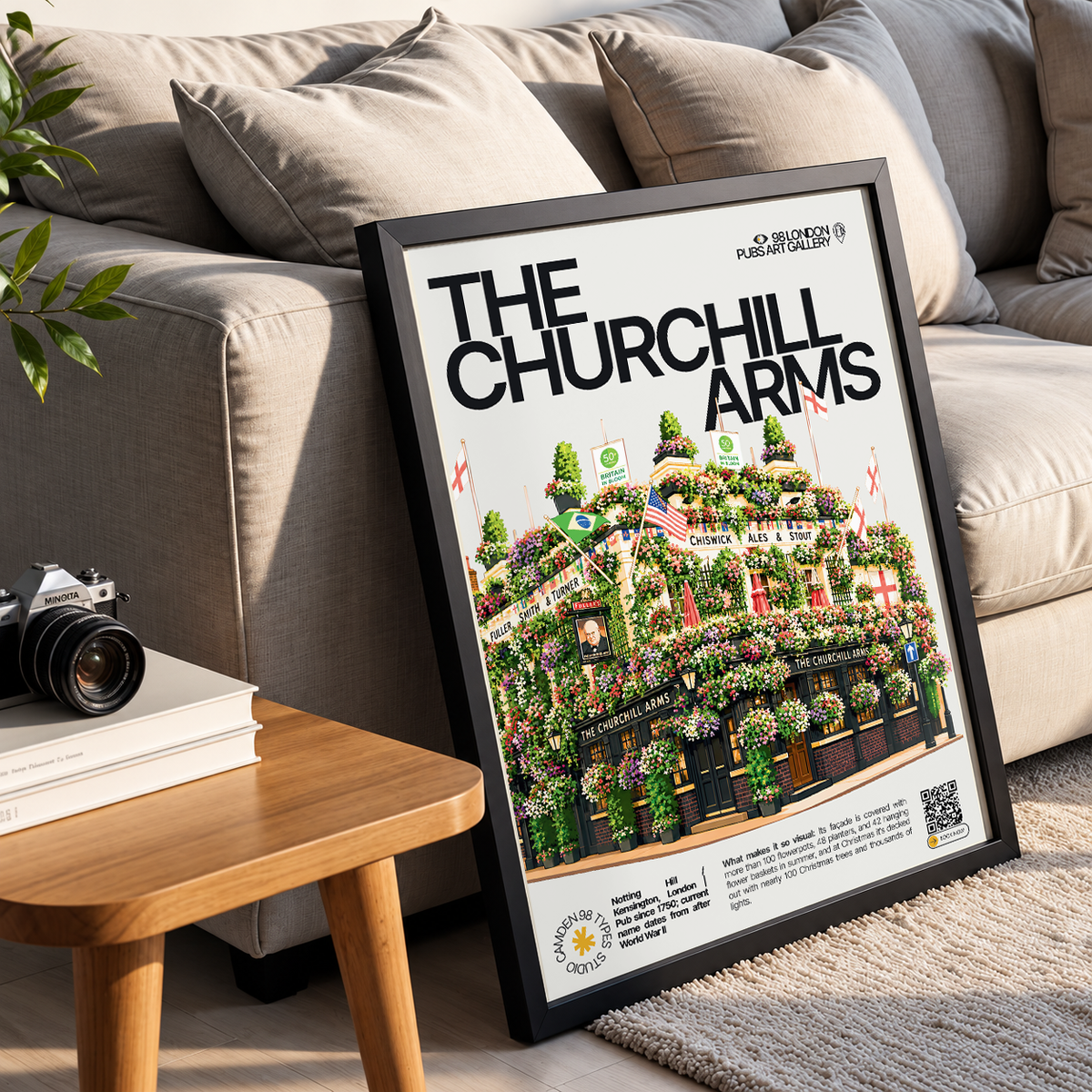 The Churchill Arms poster, Notting Hill, London: facade covered in hundreds of flowers and hanging baskets - 98 London Pubs Art Gallery by 98 Types