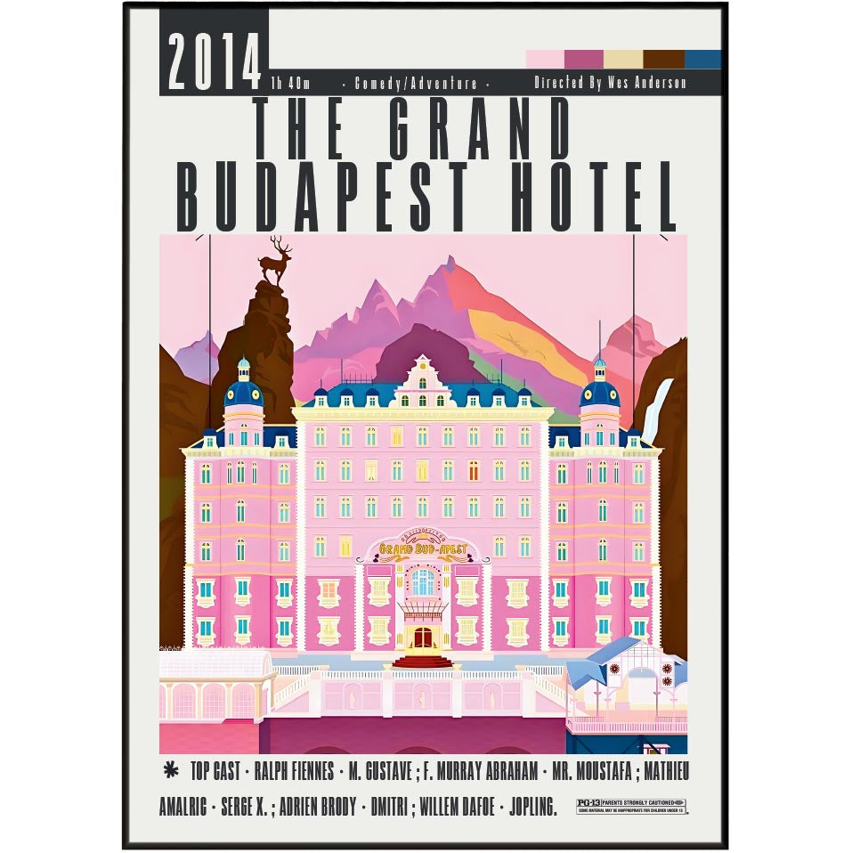 The Grand Budapest Hotel film poster — Wes Anderson Ralph Fiennes pastel symmetrical wall art print UK
