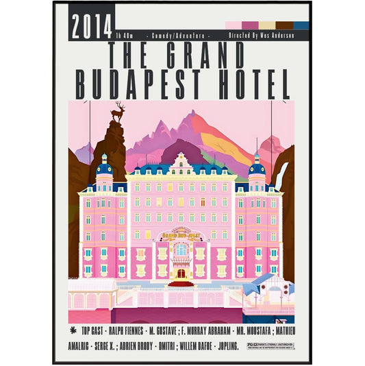 The Grand Budapest Hotel film poster — Wes Anderson Ralph Fiennes pastel symmetrical wall art print UK
