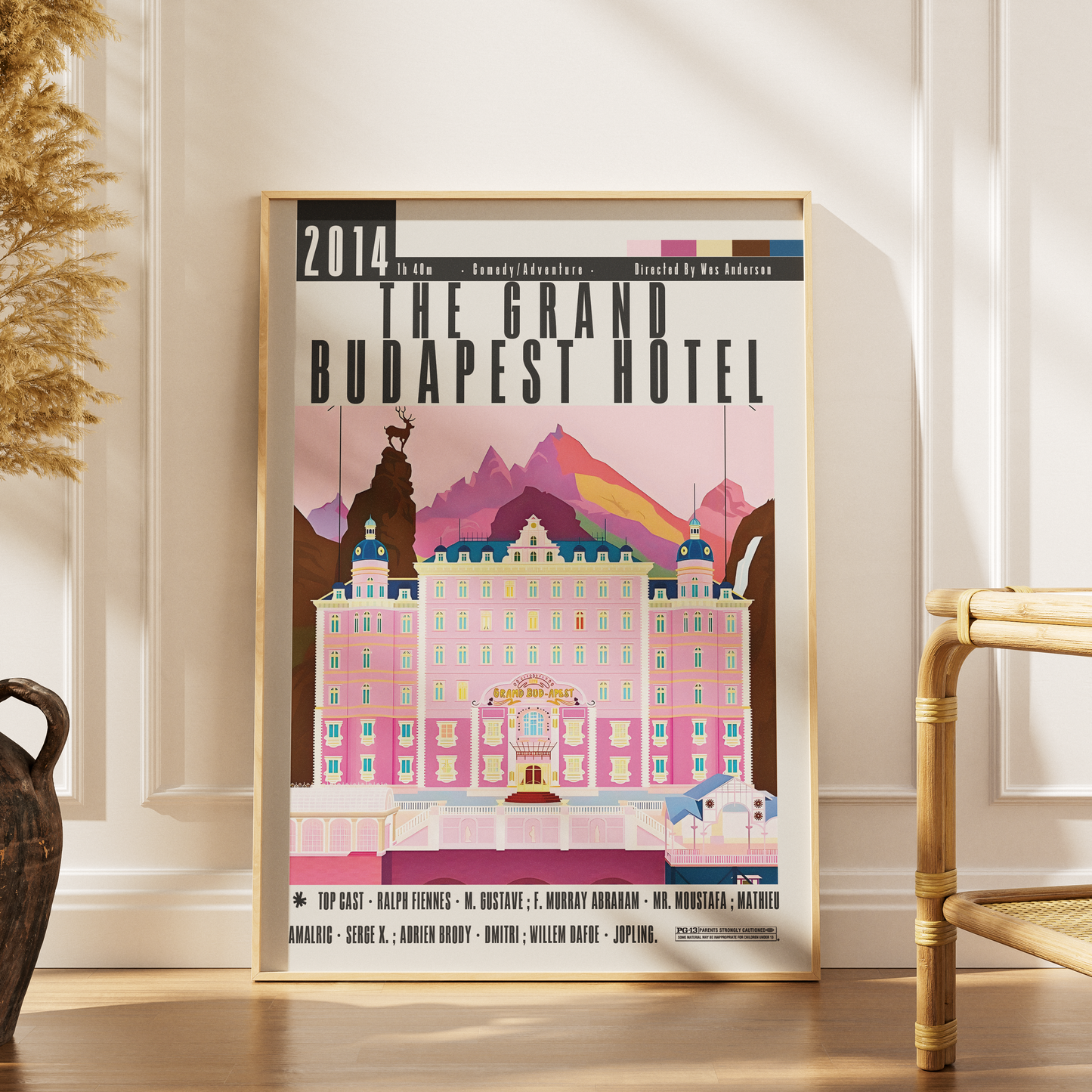 The Grand Budapest Hotel film poster — Wes Anderson Ralph Fiennes pastel symmetrical wall art print UK 98 types Studio Camden