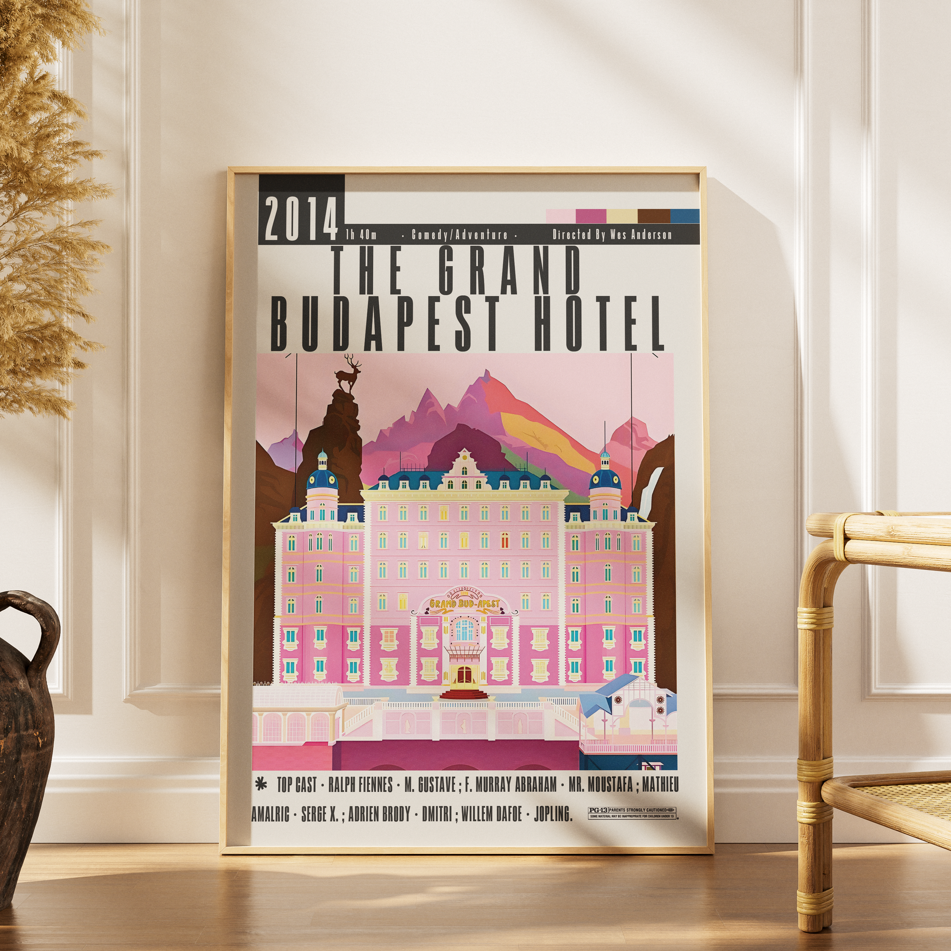 The Grand Budapest Hotel film poster — Wes Anderson Ralph Fiennes pastel symmetrical wall art print UK 98 types Studio Camden