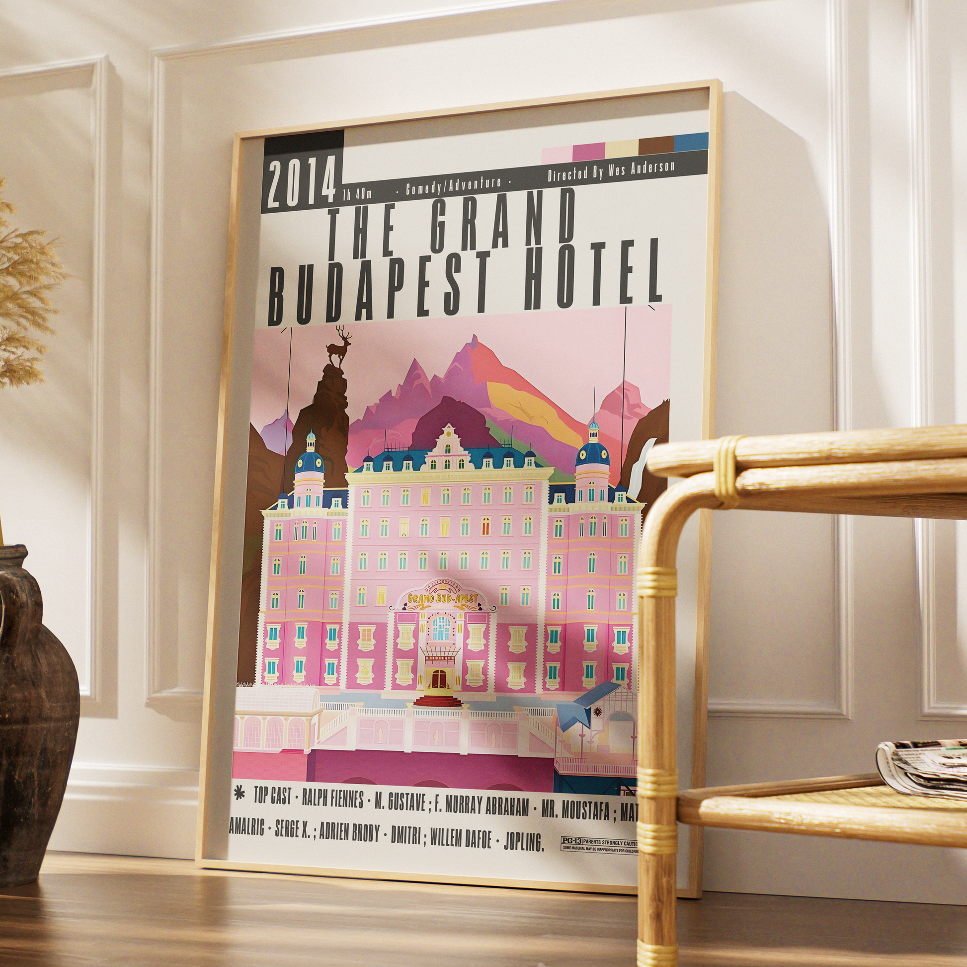 The Grand Budapest Hotel film poster — Wes Anderson Ralph Fiennes pastel symmetrical wall art print UK
