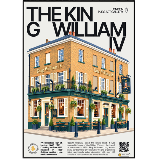 The King William IV poster print Hampstead, London | warm candlelit pub interior with framed
portraits