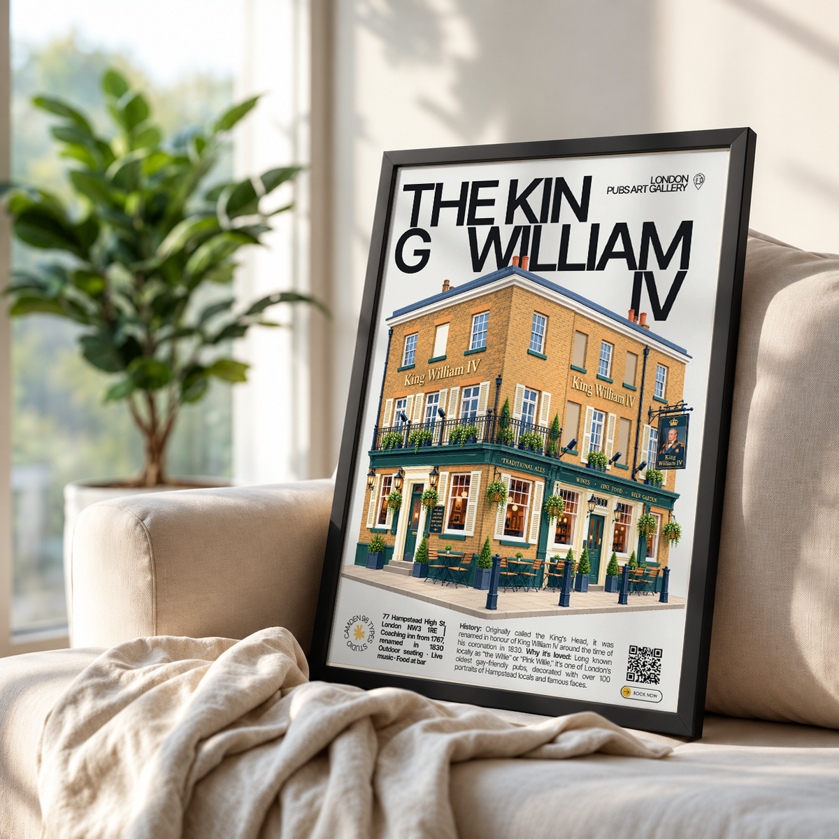 The King William IV poster print Hampstead, London | warm candlelit pub interior with framed
portraits