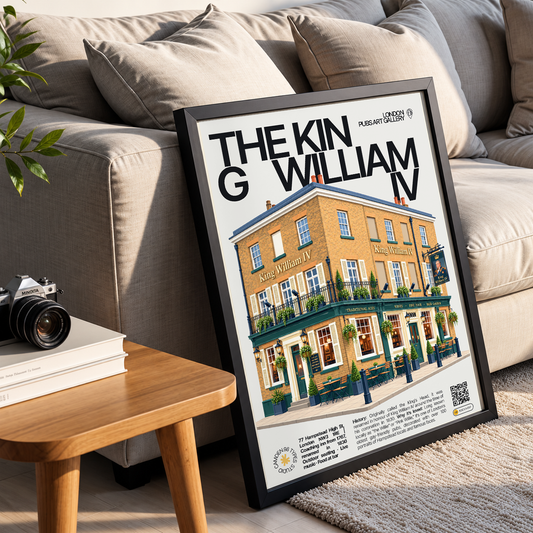 The King William IV poster print Hampstead, London | warm candlelit pub interior with framed
portraits