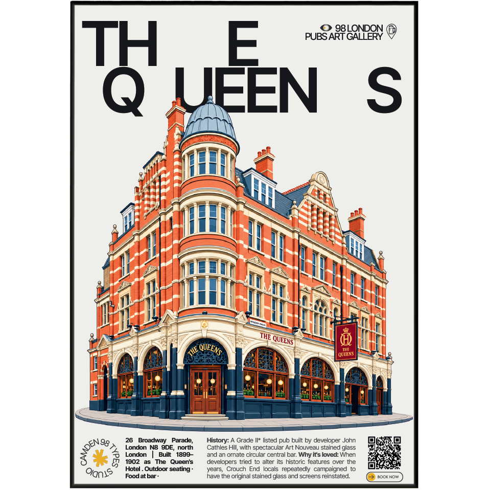The Queens poster print Crouch End, London | Art Nouveau stained glass windows and circular
bar