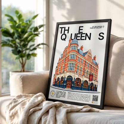 The Queens poster print Crouch End, London | Art Nouveau stained glass windows and circular
bar
