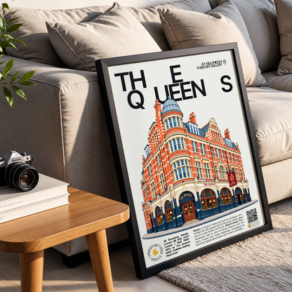 The Queens poster print Crouch End, London | Art Nouveau stained glass windows and circular
bar