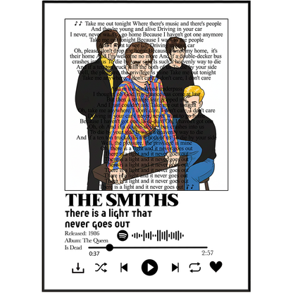A square graphic print or album-cover style design featuring the band The Smiths with a colorful striped jacket over a black-and-white book-textured background. Below the band artwork, the text reads 'THE SMITHS', 'there is a light that never goes out', release info, and playback controls.