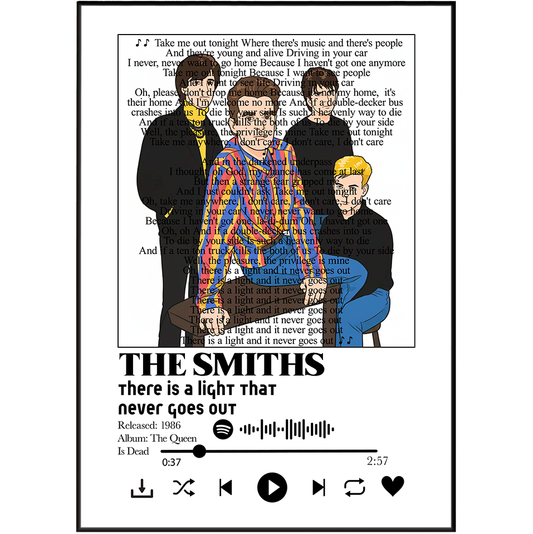 A square graphic print or album-cover style design featuring the band The Smiths with a colorful striped jacket over a black-and-white book-textured background. Below the band artwork, the text reads 'THE SMITHS', 'there is a light that never goes out', release info, and playback controls.