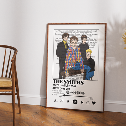 A framed music poster of The Smiths leaning against a white wall on a wooden floor, next to a wooden chair.