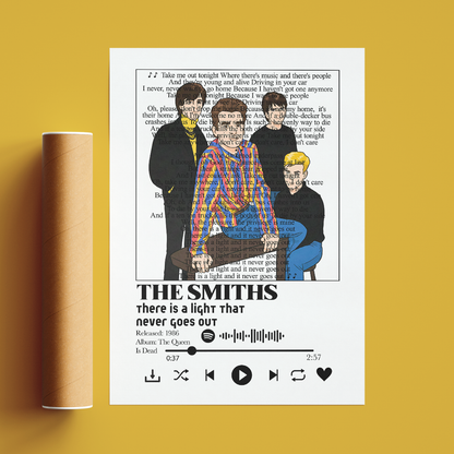 A printed poster featuring an illustrated portrait of The Smiths with song text and a music-player style interface, displayed against a mustard yellow background next to a brown cardboard mailing tube.