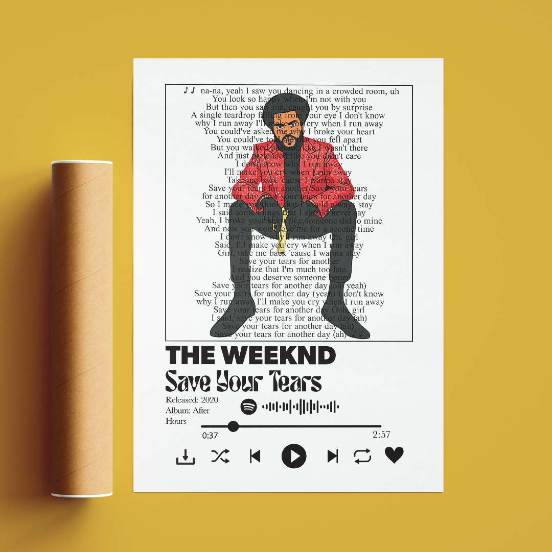 A white art print featuring a stylized illustration of The Weeknd with a red heart outline and song lyrics background, displayed next to a brown cardboard mailing tube on a mustard yellow background.
