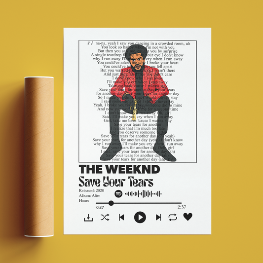 A white art print featuring a stylized illustration of The Weeknd with a red heart outline and song lyrics background, displayed next to a brown cardboard mailing tube on a mustard yellow background.