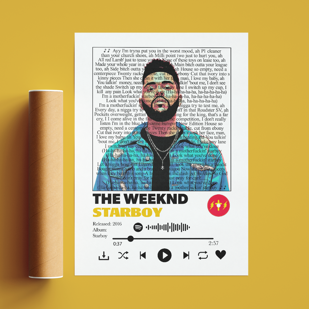 A custom Spotify-style album cover for 'The Weeknd Starboy' displayed on a white card, set against a solid mustard yellow background with a brown bottle on the left.
