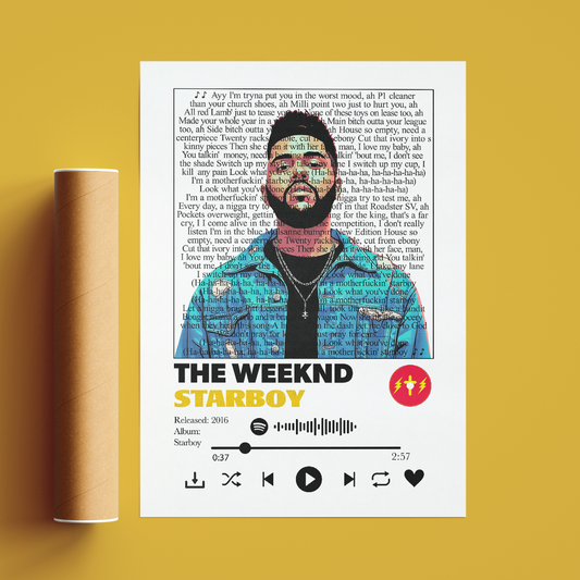 A custom Spotify-style album cover for 'The Weeknd Starboy' displayed on a white card, set against a solid mustard yellow background with a brown bottle on the left.