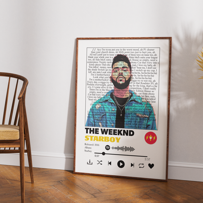 A framed music poster of The Weeknd's 'Starboy' leaning against a white wall on a wooden floor, next to a wooden chair.