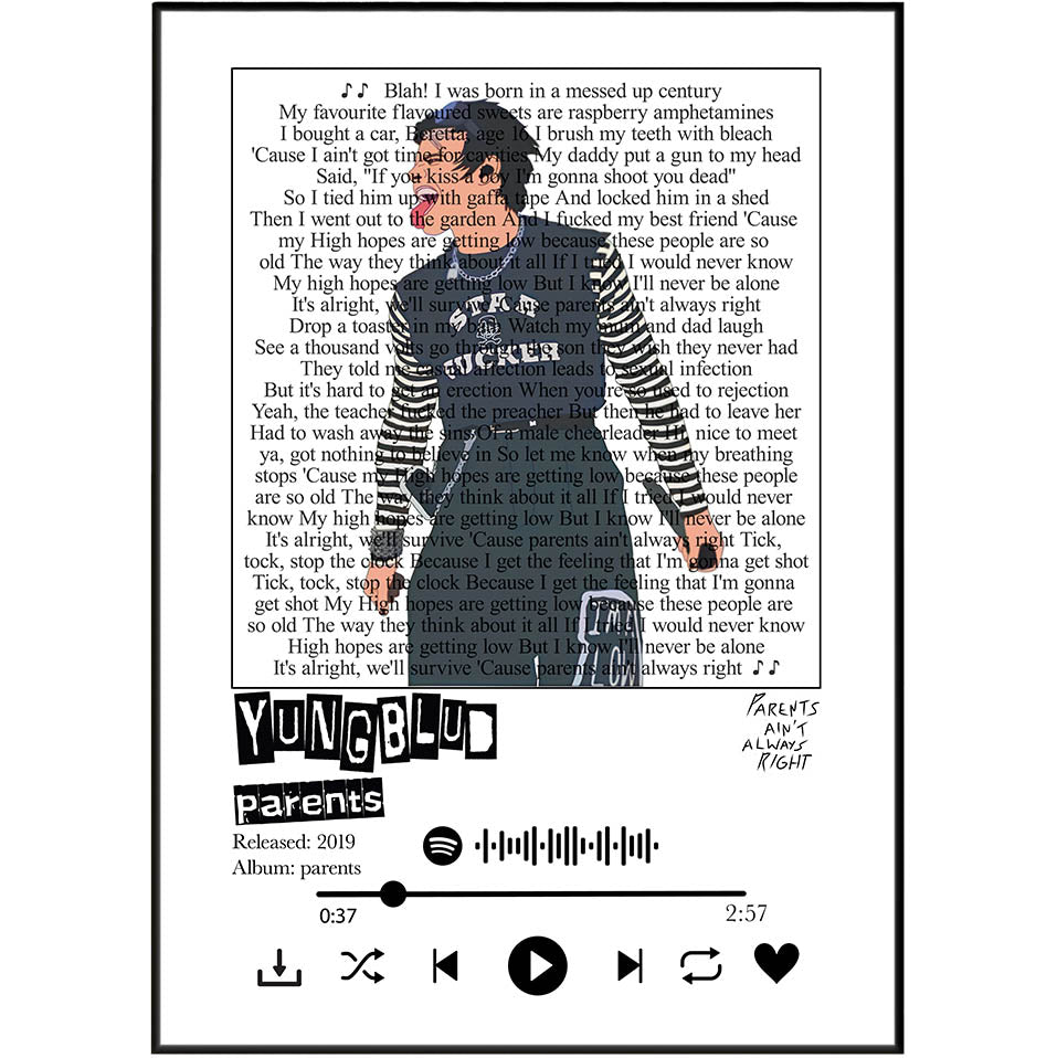 A square graphic print or album-cover style design featuring a black-and-white silhouette of a person against a white background filled with printed text. The word 'You' appears in large black letters at the bottom left, with 'parents' below it.