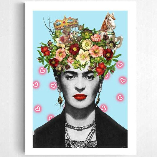Frida Kahlo Floral Love pop art poster — bold floral portrait feminist wall decoration UK
