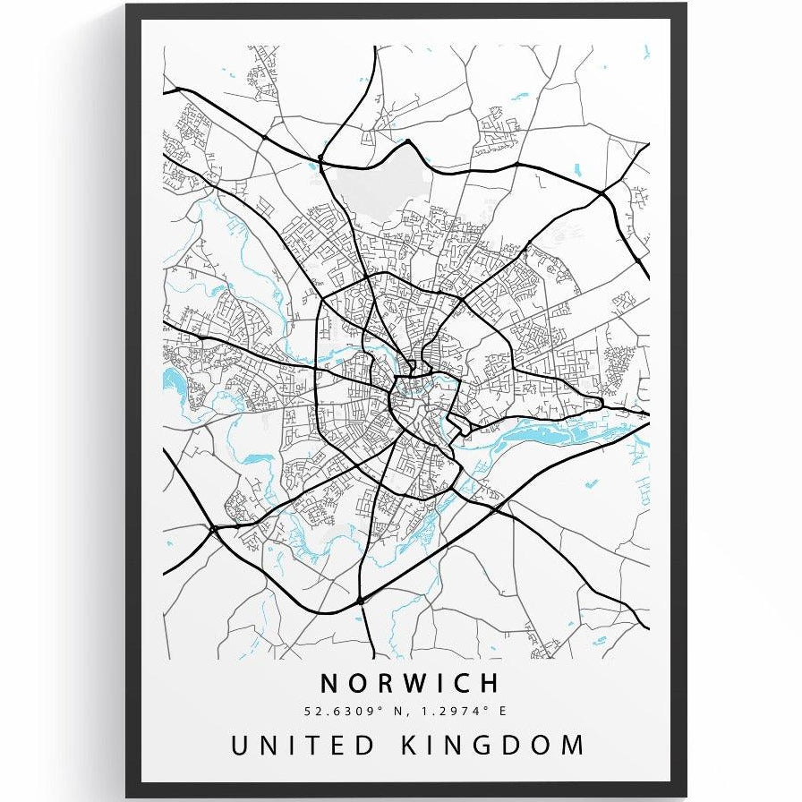 Norwich Norfolk street map print — cathedral city map wall art poster UK
 - 98types