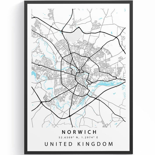 Norwich Norfolk street map print — cathedral city map wall art poster UK
 - 98types