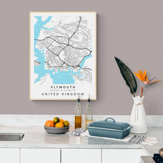 Plymouth Devon street map print — waterfront city map wall art poster UK
 - 98types