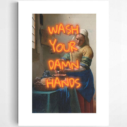 Wash Your Damn Hands neon print — funny bold neon typography bathroom wall decoration UK