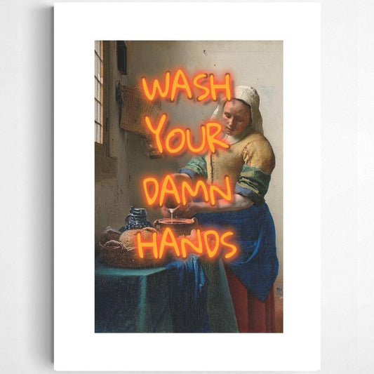 Wash Your Damn Hands neon print — funny bold neon typography bathroom wall decoration UK
