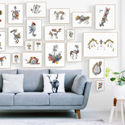 Frog Skeleton Anatomical Flowers Body Print - 98typesBotanical Art Prints
