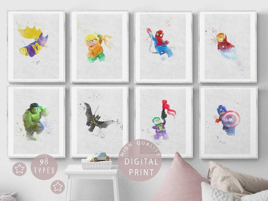 Set 8 Lego Super Heroes Watercolour Printable Poster - 98typesPRINTABLES